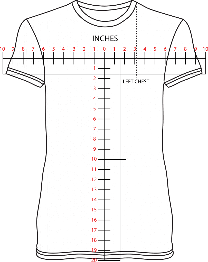 Illustration of a fitted tshirt and the way to to measure print space